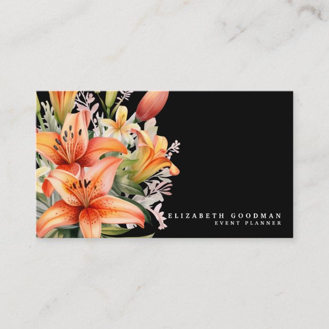 Elegant Tiger Lily Tropical Black Business Cards (Front)