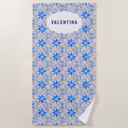 Elegant Tile Pattern Mediterranean Italy Blue Beach Towel