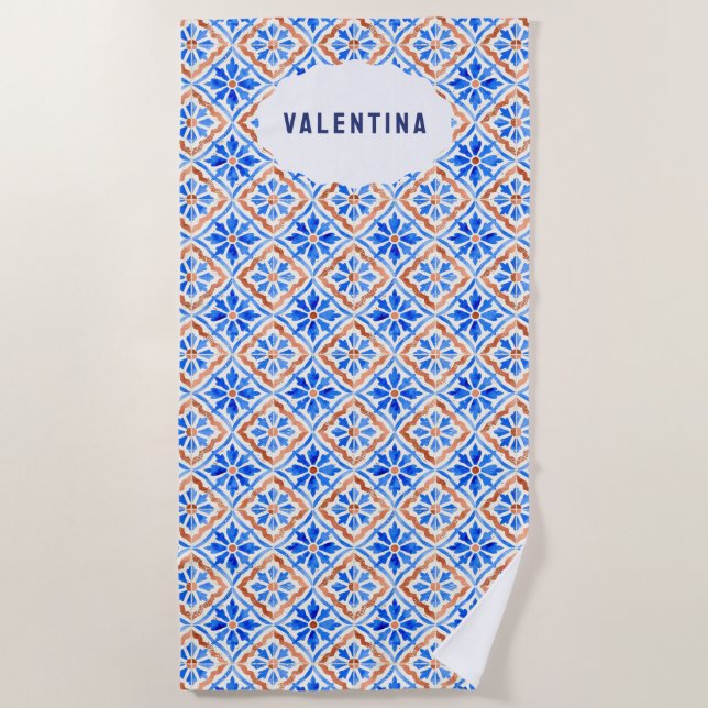 Elegant Tile Pattern Mediterranean Italy Blue Beach Towel (Front)