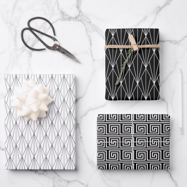 elegant tiled black white art deco pattern wrapping paper sheets (Front)