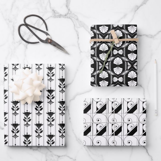 elegant tiled black white art deco pattern  wrapping paper sheets (Front)