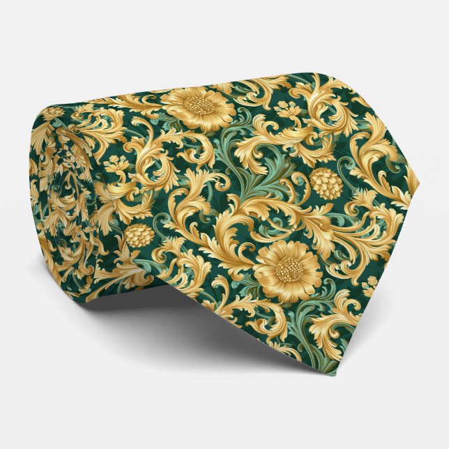 Elegant tiled green gold pattern  neck tie (Rolled)