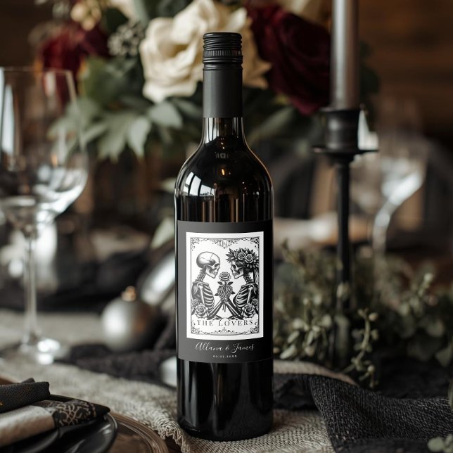 Elegant Till Death Do Us Part Gothic Wedding  Wine Label (Elegant gothic-style wine bottle with “The Lovers” skeleton illustration label, set on table.)