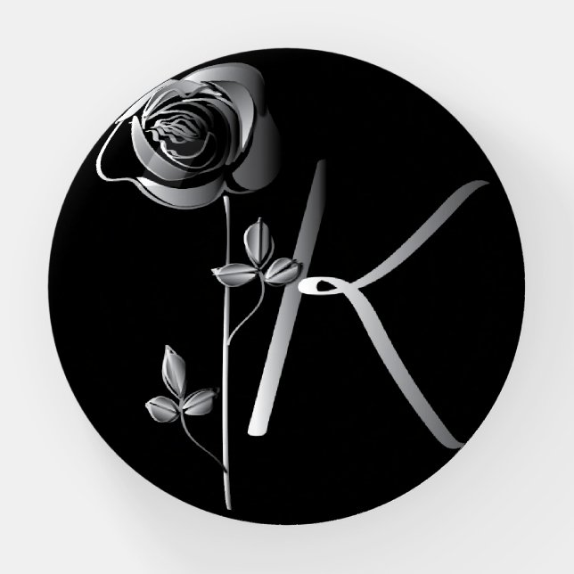 Elegant Timeless Floral Letter K w Silver Rose Paperweight (Front)