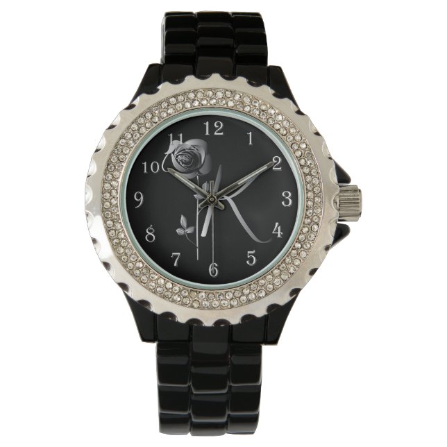 Elegant Timeless Floral Letter K w Silver Rose Watch (Front)