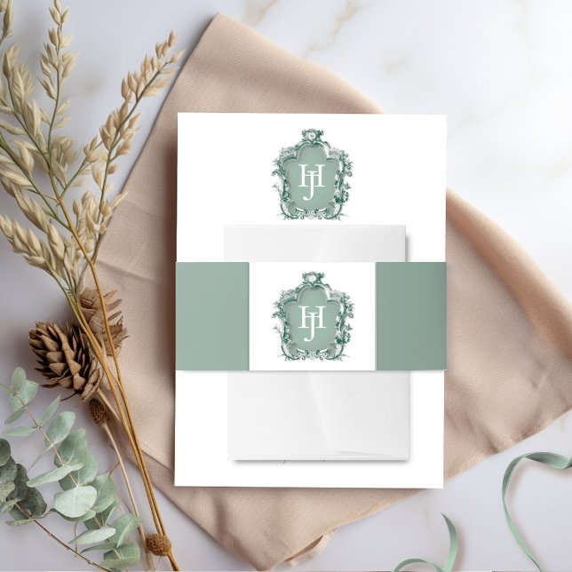 Elegant Timeless Green Monogram Wedding Invitation Belly Band (Creator Uploaded)