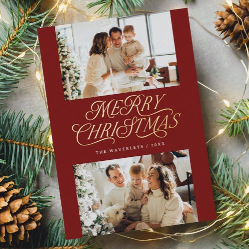 Elegant Timeless Script Merry Christmas Photo Foil Holiday Postcard