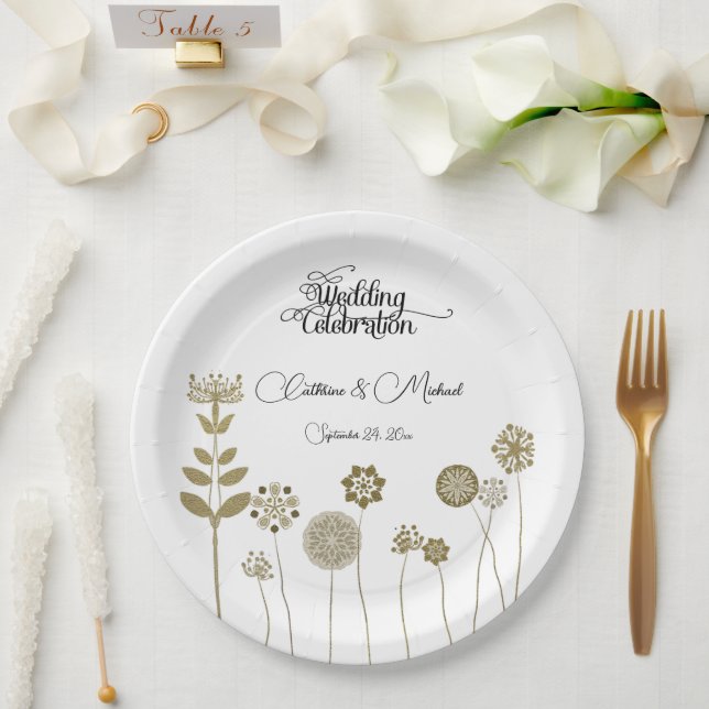 Elegant Timeless Soft Gold Floral Minimalism Paper Paper Plates (Wedding)