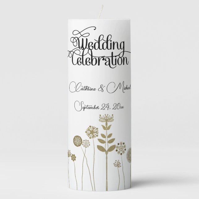 Elegant Timeless Soft Gold Floral Minimalism Pillar Candle (Front)