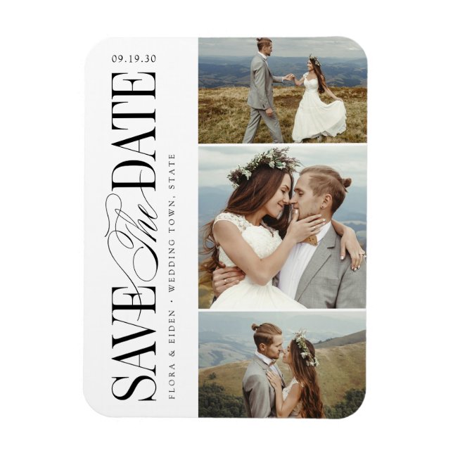 Elegant Timeless Typography 3 Photo Save The Date Magnet (Vertical)