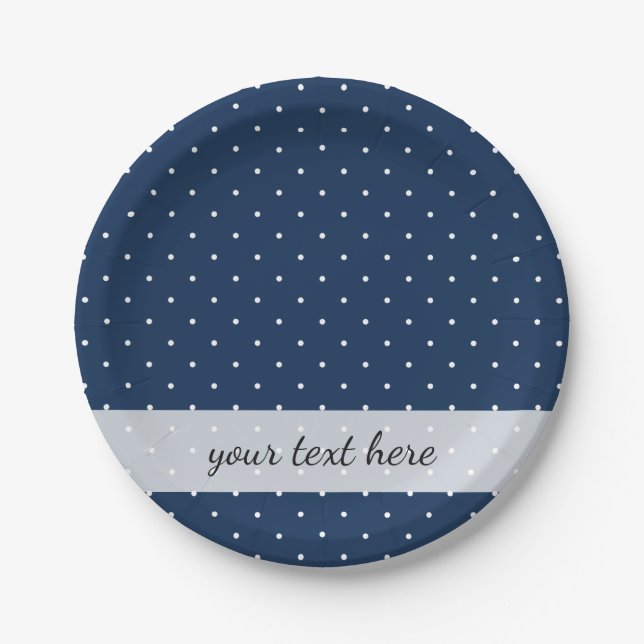 elegant tiny navy blue white polka dots pattern paper plates (Front)