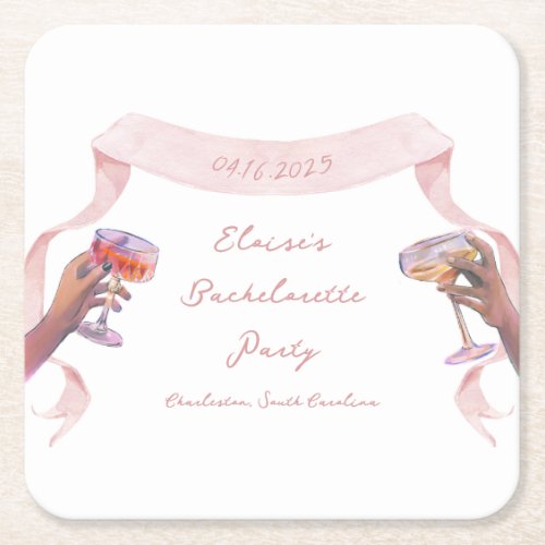 Elegant Toast Bachelorette Cute Unique Pink Ribbon Square Paper Coaster