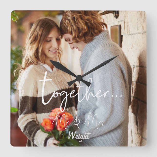 Elegant Together Mr & Mrs Photo Personalized Square Wall Clock (Front)