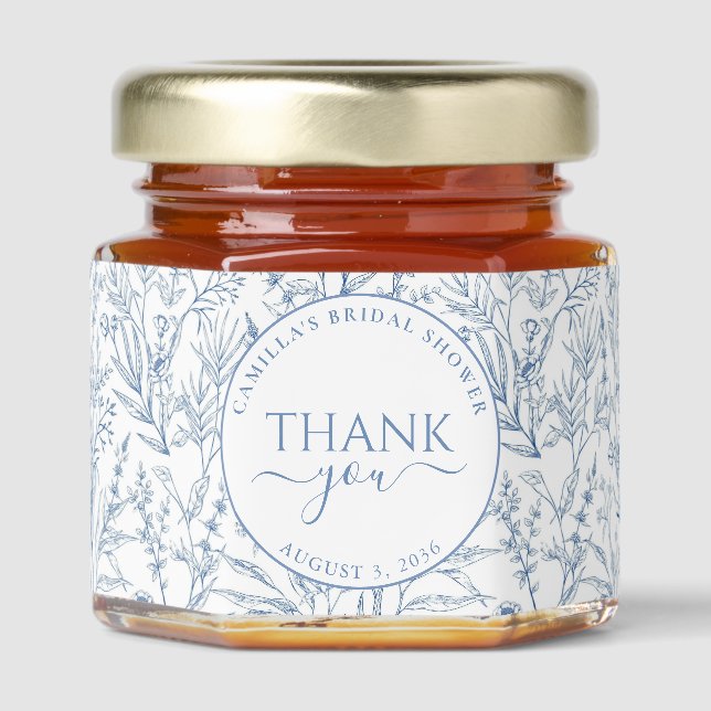 Elegant Toile Blue Floral Bridal Shower Favors Honey Jar Favors (Front)