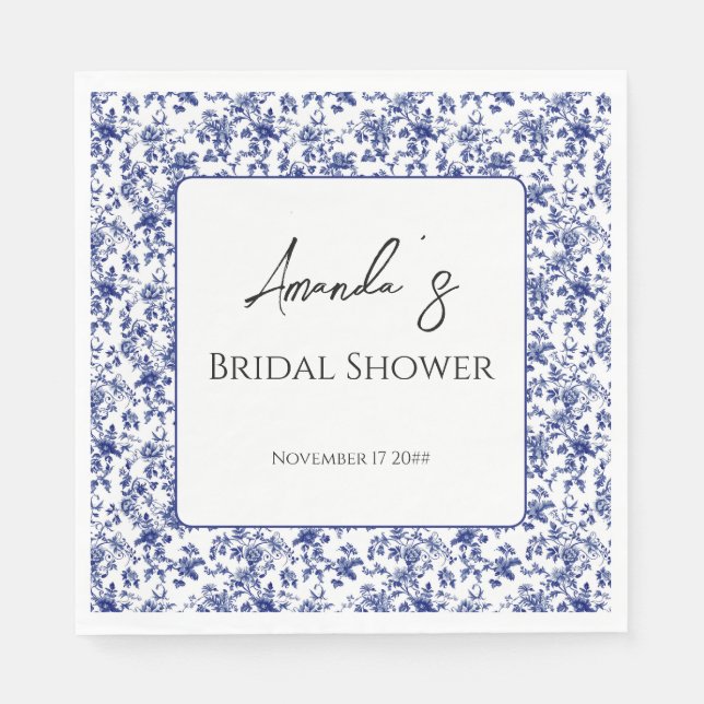 Elegant Toile Blue Floral Bridal Shower Napkins (Front)
