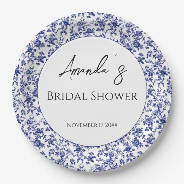 Elegant Toile Blue Floral Bridal Shower Paper Plates (Front)