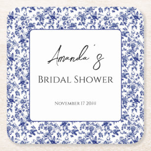 Elegant Toile Blue Floral Bridal Shower Square Paper Coaster