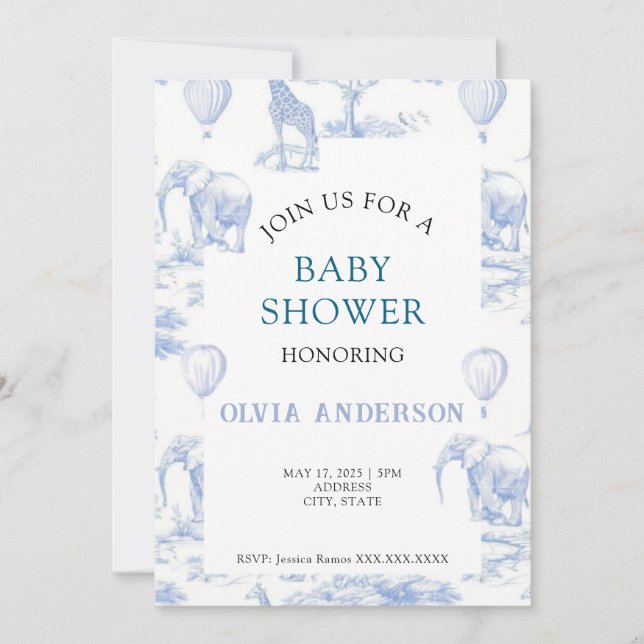 Elegant Toile de Jouy Blue Baby Shower Invitation (Front)