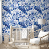 Elegant Toile De Jouy Blue White Peacock Floral