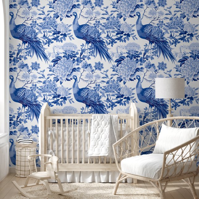 Elegant Toile De Jouy Blue White Peacock Floral Wallpaper (Kids)