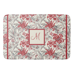 Elegant Toile de Jouy Deep Red and Subtle Grey Bath Mat