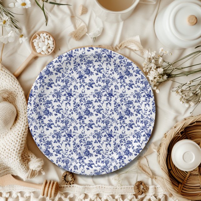 Elegant Toile de Jouy Floral Blue Bow Baby Shower Paper Plates (Creator Uploaded)