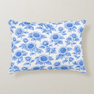 Elegant Toile du Jouy Sunflowers – Blue Botanical Accent Pillow