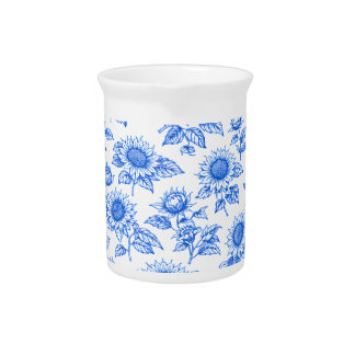 Elegant Toile du Jouy Sunflowers – Blue Botanical  Beverage Pitcher