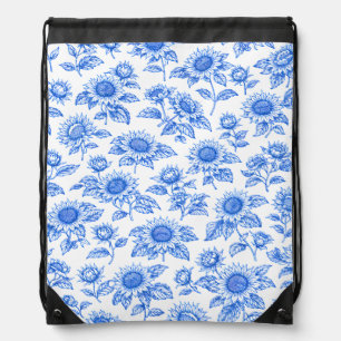 Elegant Toile du Jouy Sunflowers – Blue Botanical Drawstring Bag