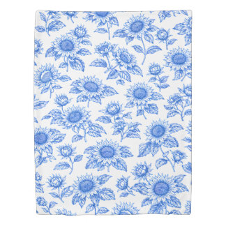 Elegant Toile du Jouy Sunflowers – Blue Botanical  Duvet Cover