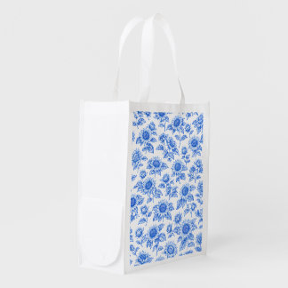 Elegant Toile du Jouy Sunflowers – Blue Botanical Grocery Bag
