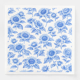 Elegant Toile du Jouy Sunflowers – Blue Botanical Paper Dinner Napkins