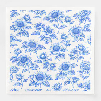 Elegant Toile du Jouy Sunflowers – Blue Botanical  Paper Dinner Napkins