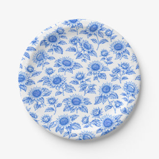 Elegant Toile du Jouy Sunflowers – Blue Botanical  Paper Plates