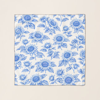 Elegant Toile du Jouy Sunflowers – Blue Botanical Scarf