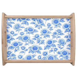 Elegant Toile du Jouy Sunflowers – Blue Botanical  Serving Tray