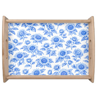Elegant Toile du Jouy Sunflowers – Blue Botanical Serving Tray