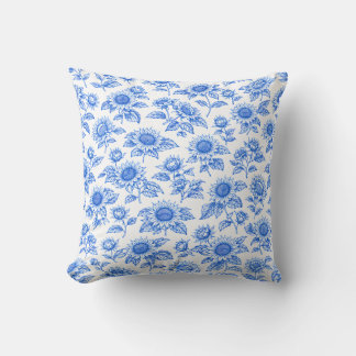 Elegant Toile du Jouy Sunflowers – Blue Botanical  Throw Pillow