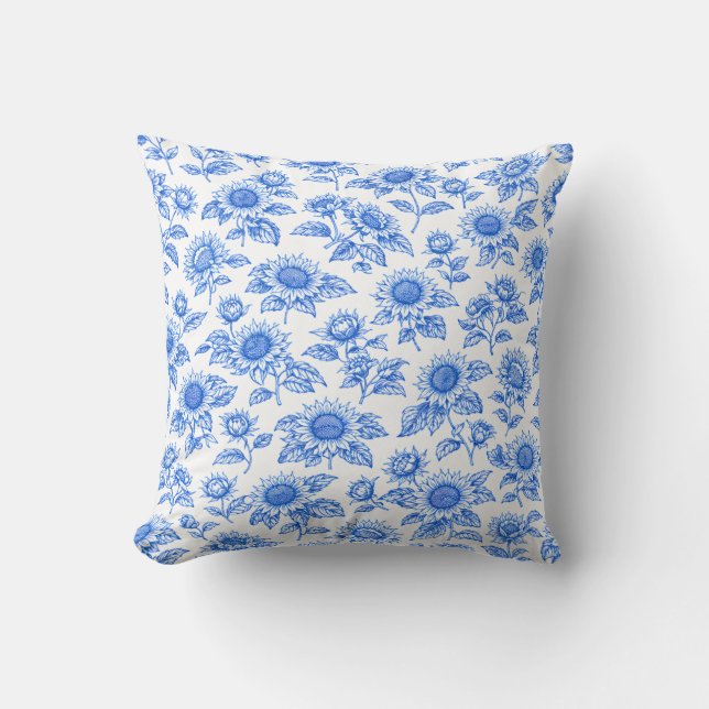 Elegant Toile du Jouy Sunflowers – Blue Botanical  Throw Pillow (Front)