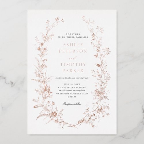 Elegant Toile Floral Wreath Wedding Rose Gold Foil Invitation