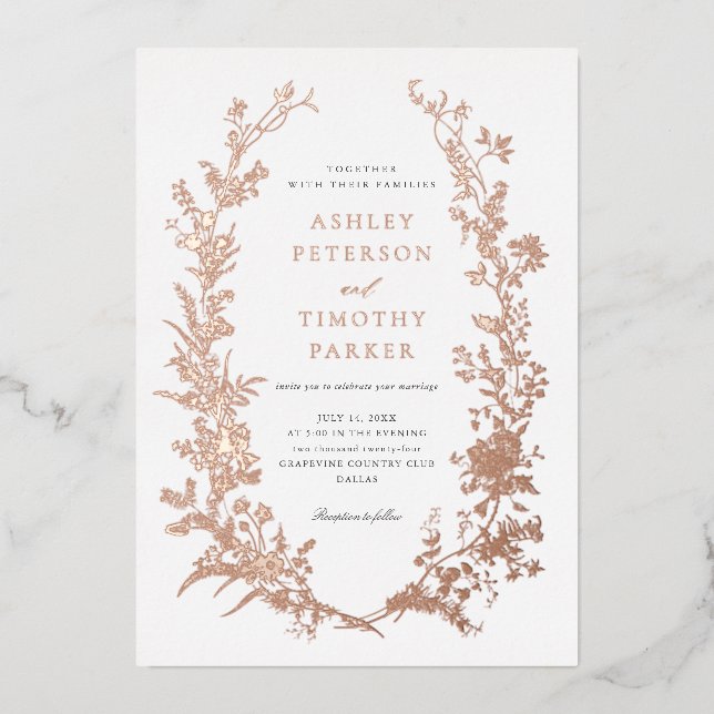 Elegant Toile Floral Wreath Wedding Rose Gold Foil Invitation (Front)