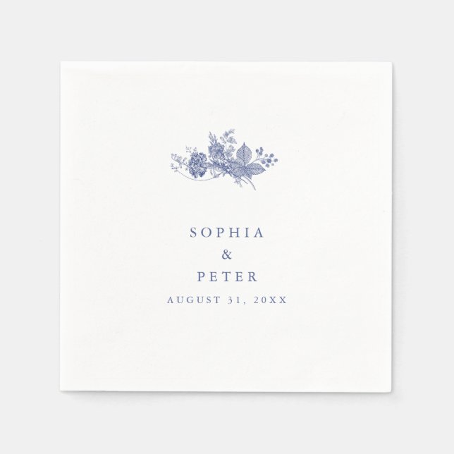 Elegant Toile French Blue Floral Wedding Napkins (Front)