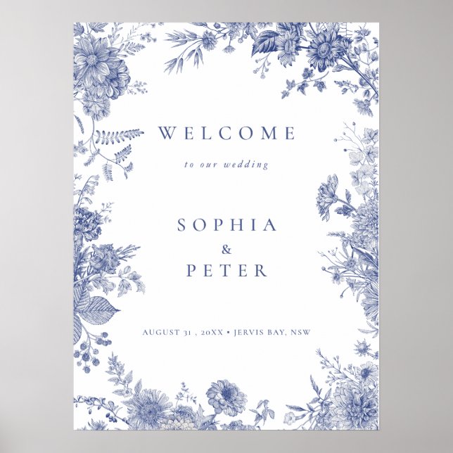Elegant Toile French Blue Floral Welcome Sign (Front)