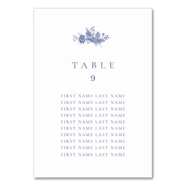 Elegant Toile French Blue Table Number w/ Names (Front)
