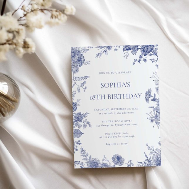 Elegant Toile French Blue toile 18th birthday Invitation (Creator Uploaded)