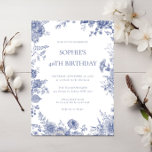 Elegant Toile French Blue toile 40th birthday Invitation<br><div class="desc">Designed to coordinate with our Toile French Blue Garden collection, this customizable matching birthday party invitation card features a french country style floral in toile blue. For more advanced customisation of this design, e.g. changing layout, font or text size please click the "CUSTOMIZE" button above. Please contact me for any...</div>