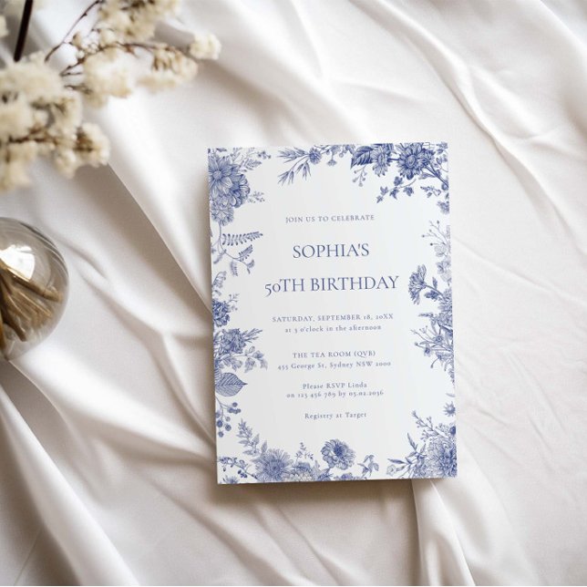 Elegant Toile French Blue toile 50th birthday Invitation (Creator Uploaded)