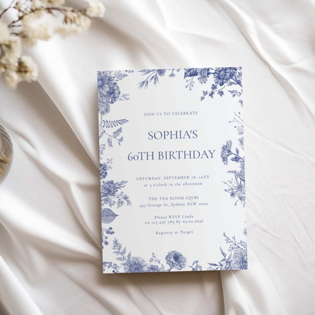 Elegant Toile French Blue toile 60th birthday Invitation (Creator Uploaded)