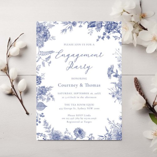 Elegant Toile French Blue toile engagement party Invitation