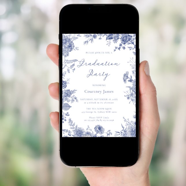 Elegant Toile French Blue toile graduation party Invitation (Front Digital)